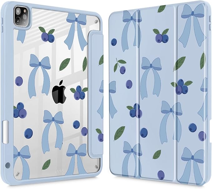 Tuiklol for iPad Pro 11 Inch 4th / 3rd / 2nd / 1st Gen (2022 2021 2020 2018) Case -Built-in Pencil Holder Shockproof Cover Clear Transparent Back Shell with Auto Wake/Sleep, Blue-Berries