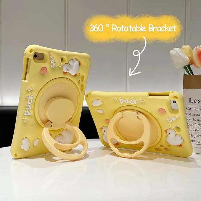 3D Cute Press Duck Case for iPad Air 1st 2nd/iPad Pro 2016/iPad 5th 6th 9.7 inch,Kawaii Cartoon Character Duck Soft Silicone Rotating Stand Case with Lanyard for Kids Teens Girls Women