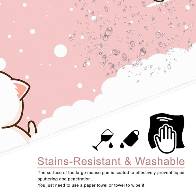 Pink Large Gaming Mouse Pad Cat Desk Pad XXL Cute Mouse Mat 35x15.7x0.12 inch Desk Accessories Kawaii Keyboard Pad (Pink -7)