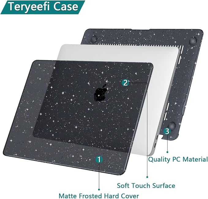 Teryeefi for MacBook Pro 13 Inch Case 2022 2021 2020 2019 2018 2017 2016 Release A2338 M1 M2 A2289 A2251 A2159 A1989 A1706, Sparkly Hard Shell Cover +Keyboard Cover + Screen Protector, Glitter Black