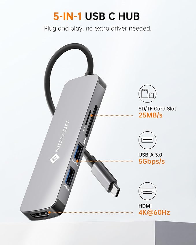NOVOO USB C Hub 5 in 1 with HDMI 4K Adapter, 2 USB 3.0 Ports, 1 SD Memory Port, 1 microSD Card Reader