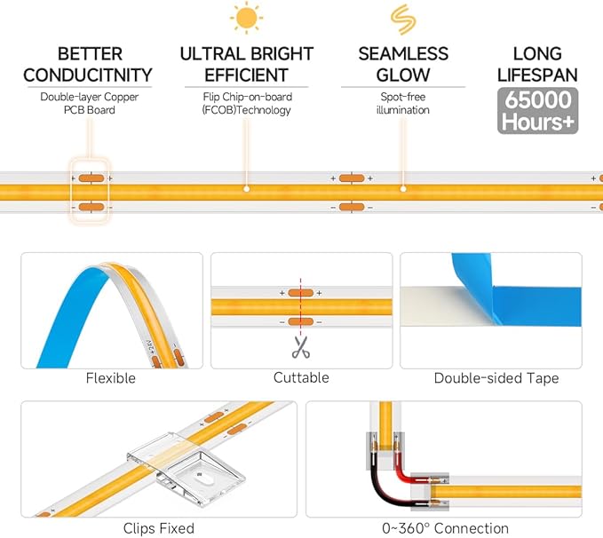 BTF-LIGHTING FCOB COB LED Strip Orange Color 480LED/m 16.4FT DC24V Flexible High Density Uniform Light 8mm Width Bright Dimmable LED Ribbon for Bedroom Indoor Decor(No Adapter or Controller)