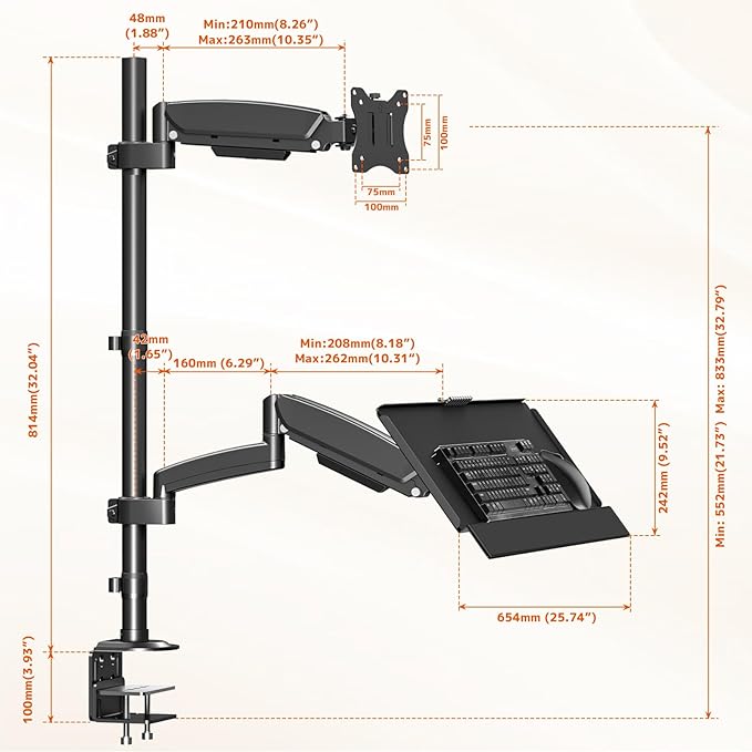 PUTORSEN Sit Stand Monitor Desk Mount for 17-32 inch Screens, Height Adjustable Full-Motion Articulating Arm with Keyboard Tray,19.8 lbs Monitor & 2.2lbs Tray Capacity, C-Clamp & Grommet Mount,Black