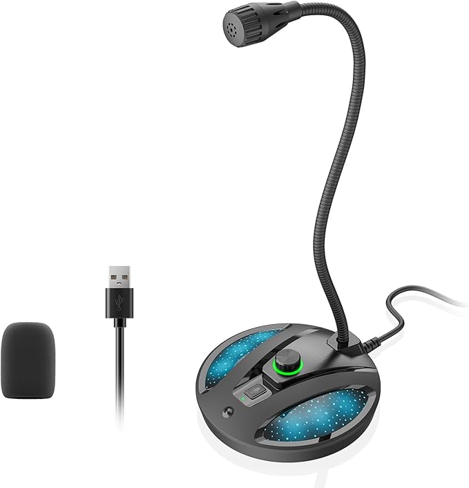 USB Microphone for PC, Plug & Play Computer Mic with Noise Cancelling & Mute, Flexible Gooseneck Desktop Mic for Podcasting, Streaming, Video Conferences, Compatible with Windows & Mac