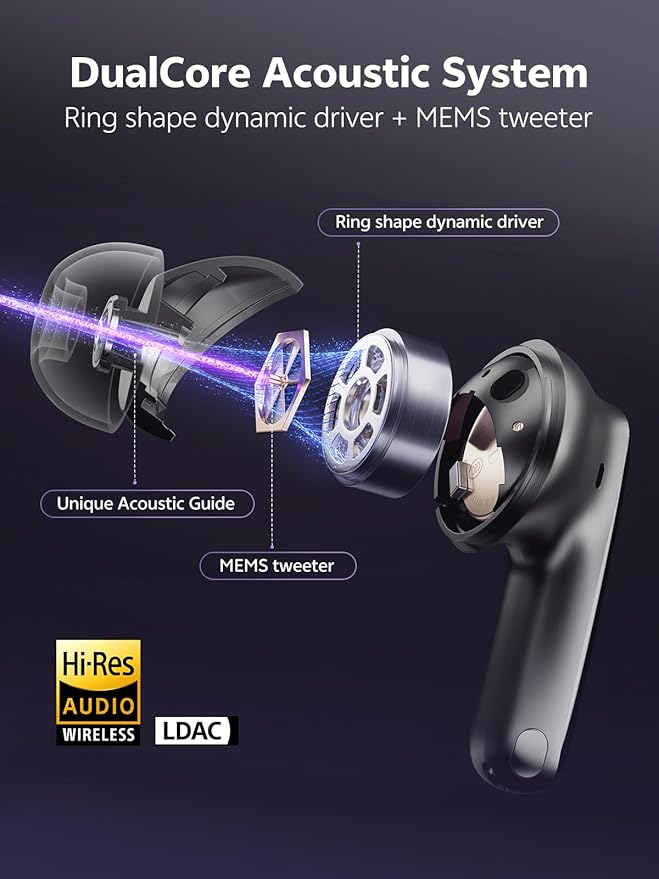 QCY MeloBuds N70 Aadptive Hybrid Active Noise Cancelling Wireless Earbuds, Bluetooth 6.0 with 6 Mics Clear Call, LDAC Hi-Res Audio, 50H Playtime, Wireless Charging, IPX5 Waterproof