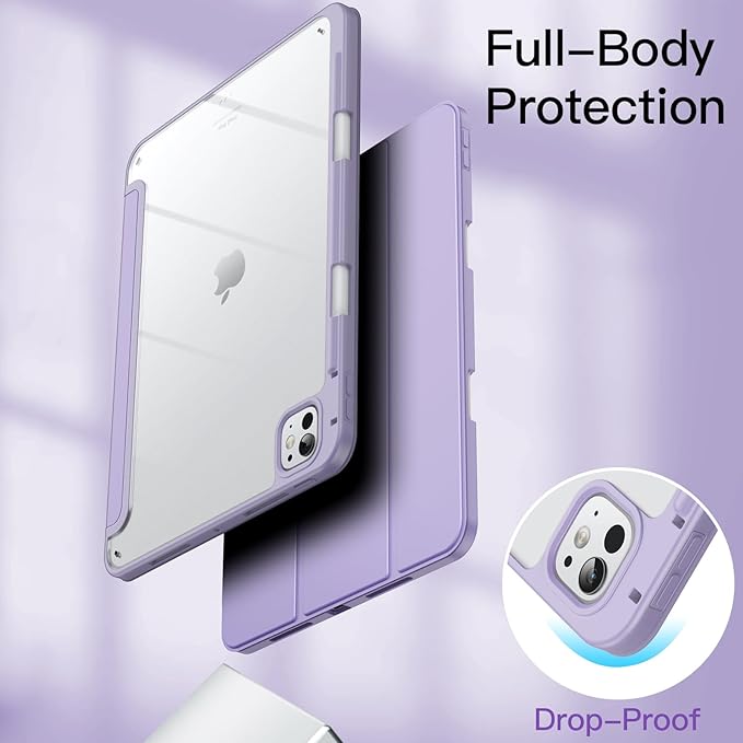 JETech Case for iPad Pro 11-Inch M5/M4 2025/2024 (6th/5th Generation) with Pencil Holder, Clear Transparent Back Shell Slim Stand Shockproof Tablet Cover, Auto Wake/Sleep (Purple)