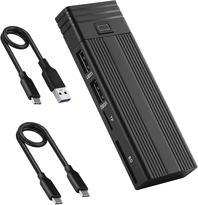 Fanblack 2 in 1 M.2 NVMe SSD Enclosure Adapter Tool-Free, USB 3.2 Gen 2 10Gbps HDD Adapter MKey(B+M Key) SSD Reader, with 2 Port USB Type-A and SD/TF Cardread, Support UASP Trim for 2242/2260/2280