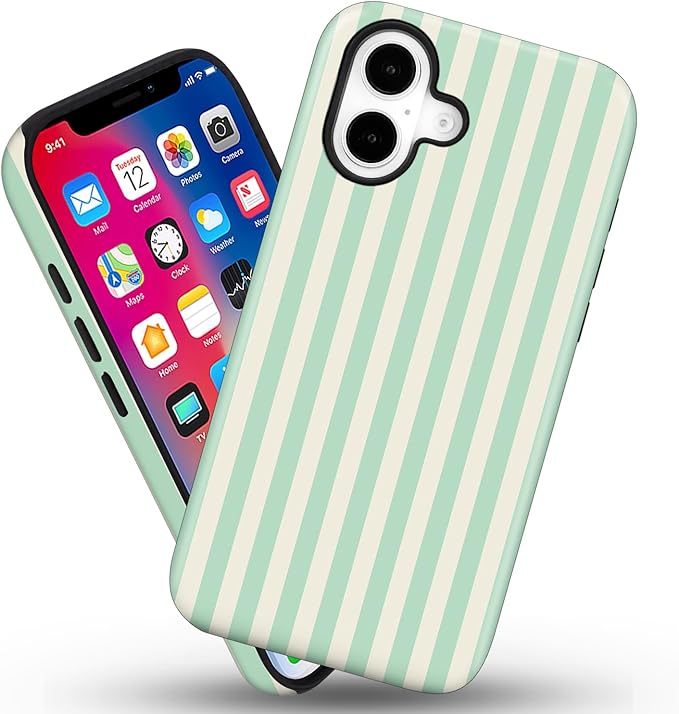 Magnetic for iPhone 16 Case Cute Stripes Phone Case, Shockproof Slim TPU and Hard PC Protective Phone Cover Compatible with MagSafe Designed for Women Girls, Light Green