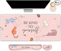 Large Gaming Mouse Pad Set, Pink Cats Ergonomics Keyboard Desk Mat with Memory Foam Wrist Rest, Extended Game Mousepad, Non-Slip Desk Pad Matt Easy Typing Pain Relief I Be Kind to Yourself