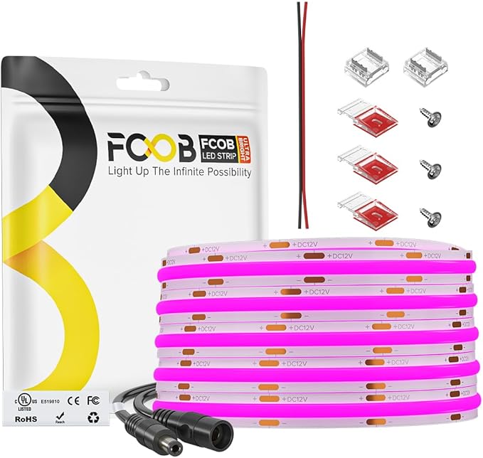 COB Purple LED Strip Light DC12V Flexible High Density Uniform Bright 480LEDs/m Strips 16.4FT CRI90+ 8MM Width Dimmable COB LED Tape for Cabinet Indoor Decor(No Adapter/Controller)