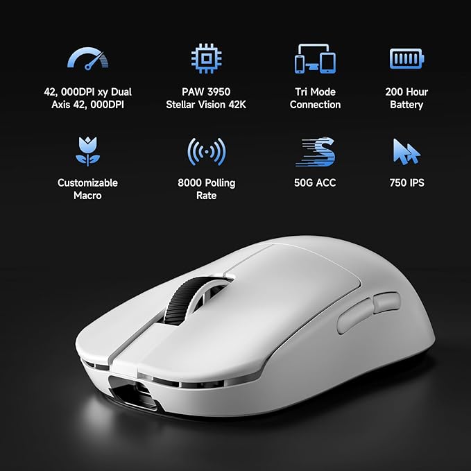 MCHOSE L7 Ultra+ Wireless Gaming Mouse, Lightweight 48g, Ergonomic Mouse with 42K DPI, PAW3950, Optical Switch, 20000 FPS, Dual 8K Polling, 7 Programmable Buttons, 3-Mode Connect, PC/Mac - White