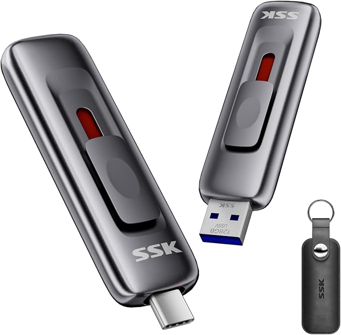 SSK USB Drive 128GB,up to 560 MB/s Read Speed Pendrive,Fast Memory Stick with Sliding Dual USB 3.2 Gen 2 FlashDrive Type-c +A?External SSD Thumb-Drive for iPhone 15/16/17/Android/Windows/Tablet/TV