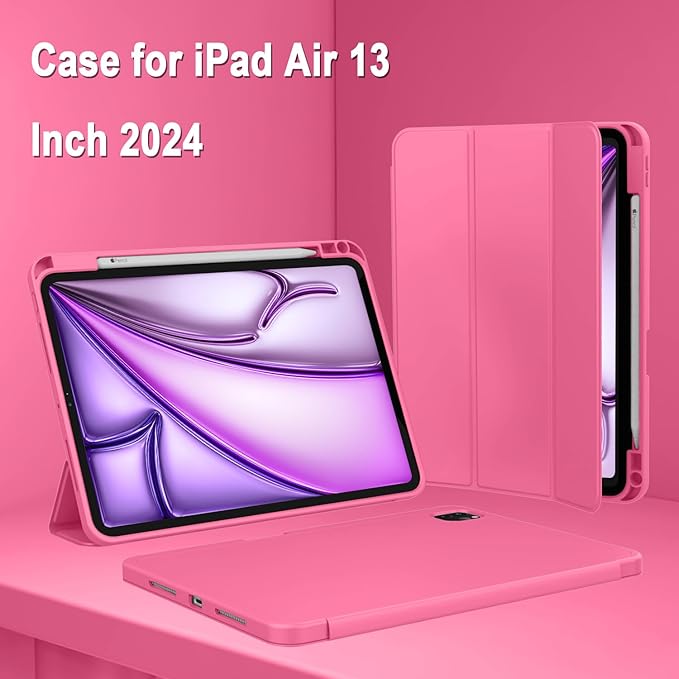 ZryXal New iPad Air 13 Inch Case M3 2025/M2 2024 with Pencil Holder, Trifold Stand Smart Case with Soft TPU Back,Auto Wake/Sleep(Watermelon)