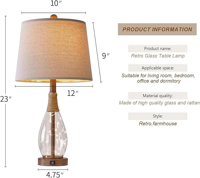OYEARS Bedside Table Lamps Set of 2 with USB, Farmhouse Bedside Lamps Retro Farmhouse Rattan Glass Nightstand Nightlight Lamps for Bedroom Living Room Dorm,Two Light Points