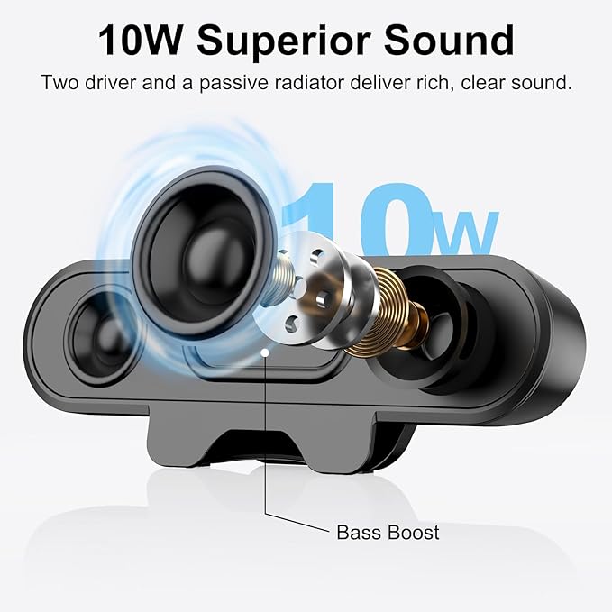 Monitor Speakers, Computer Speakers for Desktop PC, USB Speaker with Integrated USB A Type C Connector, Easily Clamp to Monitors, 10W(Black)