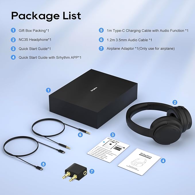 Srhythm NiceComfort 35 (2nd Gen) Hybrid Noise Cancelling Headphones,Wireless Bluetooth 6.0, 5Microphones with ENC,Transparency,Spatial Audio,140H Playtime,Low Latency,Custom EQ via App