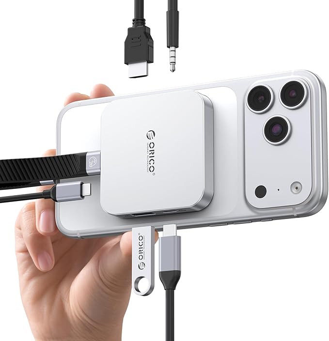 ORICO 10Gbps Magnetic M.2 Docking Station, 6-in-1 USB C HUB & M.2 2230 NVMe Enclosure with HDMI 4K@60Hz, USB-A&C 3.2, 100W PD, AUX, USBC Dock for iPhone 17/16/15 Pro/Pro Max