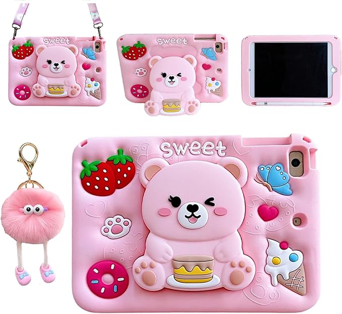 3D Cute Bear Case for iPad 9th/8th/7th 10.2 inch/Air 3 2019/Pro 10.5 inch,Kawaii Cartoon Pretty Sweet Bear Soft Silicone Foldable Stand Case with Lanyard for Kids Teens Girls Women