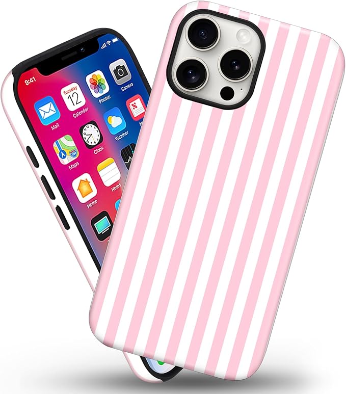 Magnetic for iPhone 13 Pro Max Case Cute Stripes Phone Case, Shockproof Slim TPU and Hard PC Protective Phone Cover Compatible with MagSafe Designed for Women Girls, Pink and White