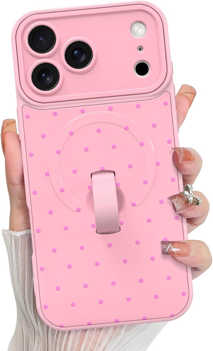 KANGHAR Compatible with iPhone 17 Pro Max Case, Support for MagSafe, Silicone Spot Cute Pattern, Wristband Kickstand Camera Protection Shockproof Soft Slim Cover for Girls Women, Pink