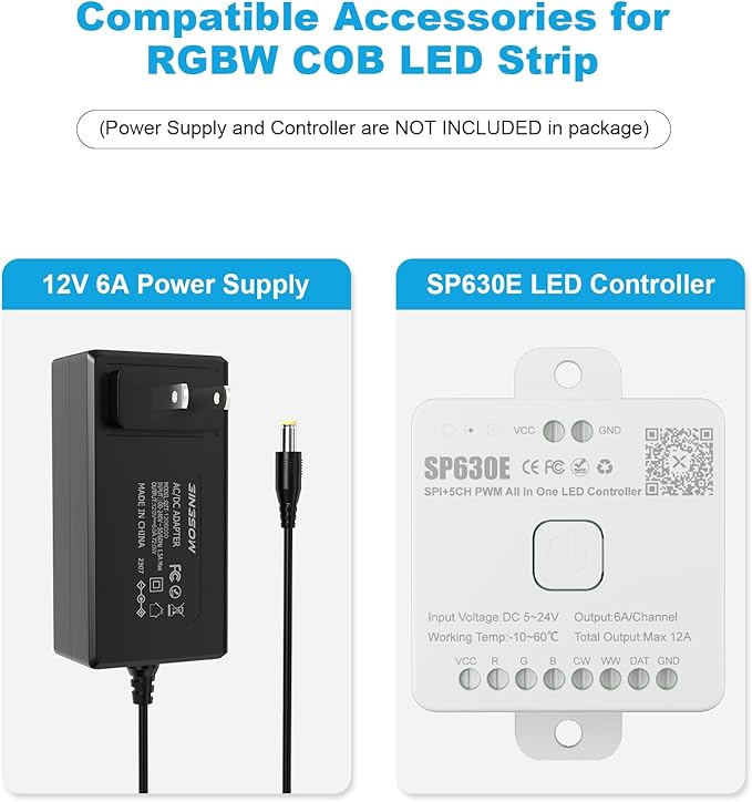RGBW COB LED Strip Light 20ft RGB+2700K 12V Color Changing UL-Listed LED Light Strip Multicolored Flexible RGB Lights for Party Decoration Home DIY Lighting Projects(NO Adapter or Controller)