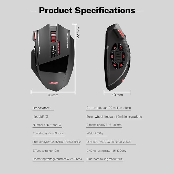 Wireless Gaming Mouse, RGB Dual Mode Bluetooth Mouse Up 24,000 DPI, 13 Macro Programmable Buttons, Optical Computer Mouse 50Hrs for PC Laptop MOBA FPS, PMW-3311, Comfort Grip (Black)