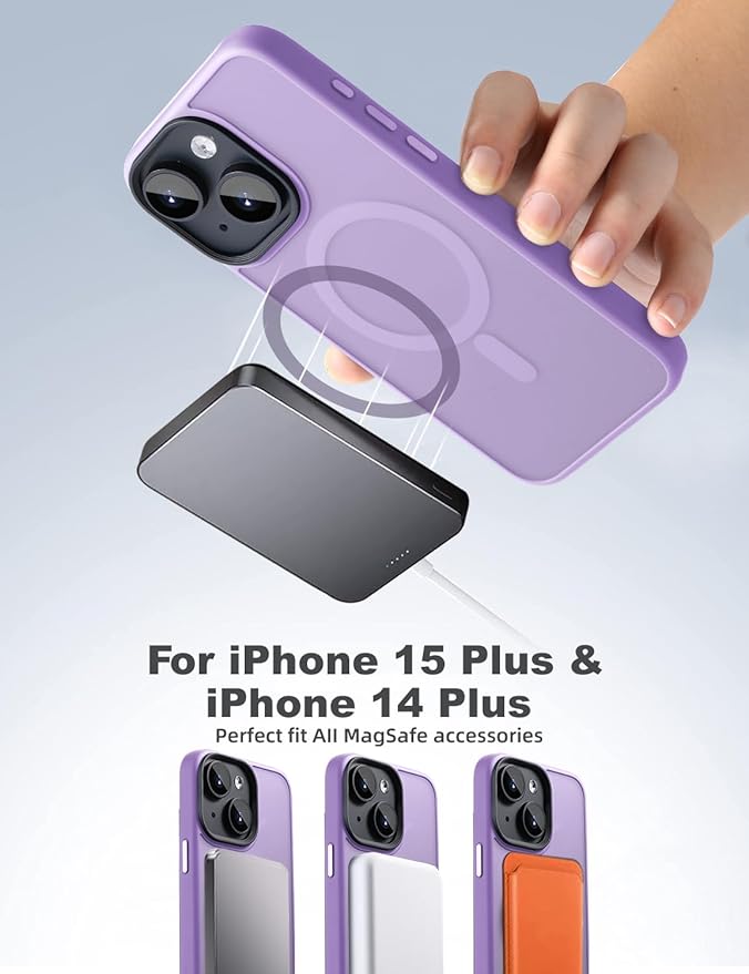 Tigowos for iPhone 15 Plus&iPhone 14 Plus Phone Case Fits MagSafe 10FT Drop Resistant Matte Skin Feeling Back Cover for iPhone 15 Plus&iPhone 14 Plus Case，Light Purple