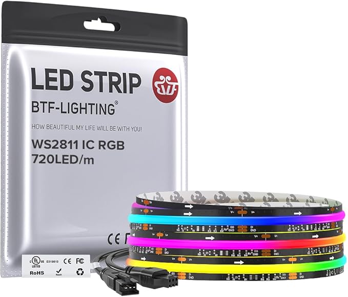 BTF-LIGHTING WS2811 Smart IC RGB FCOB COB LED Strip, UL Listed 720LEDs/m High Density Color Chasing Uniform Light, DC12V 9.8FT 12mm Width Black PCB for Home Party DIY Decor(No Adapter or Controller)