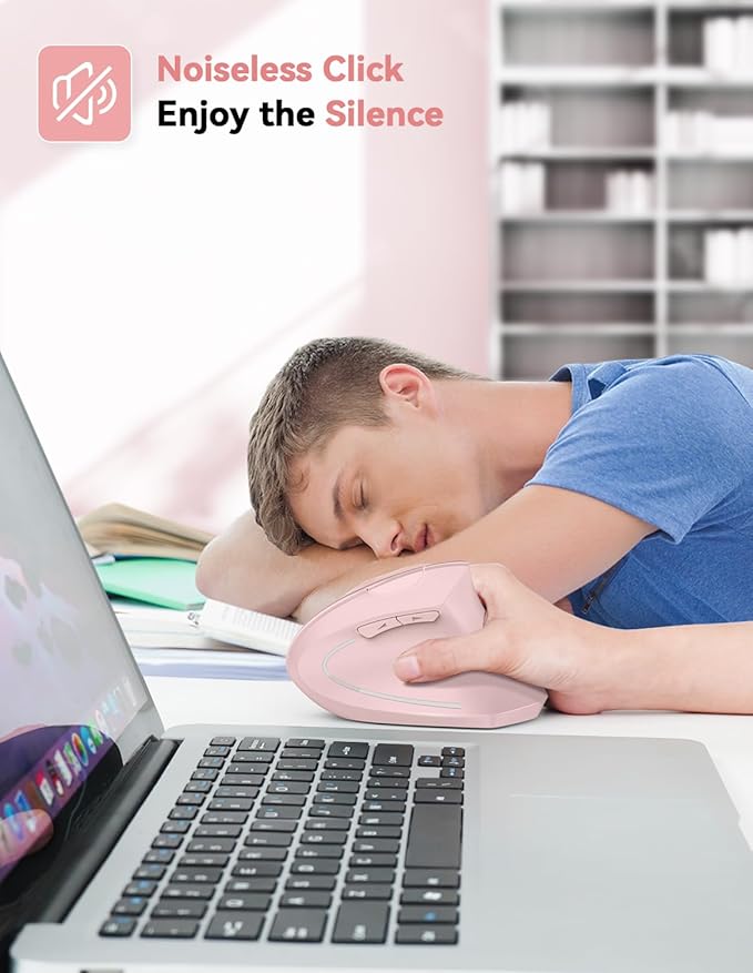 TECKNET 2.4G Ergonomic Mouse Vertical Wireless - 4800 DPI Optical Carpal Tunnel Mice Right Hand, 4800 DPI Adjustable, Quiet Clicks, 6 Buttons for Laptop, Desktop, PC, Computer - Pink