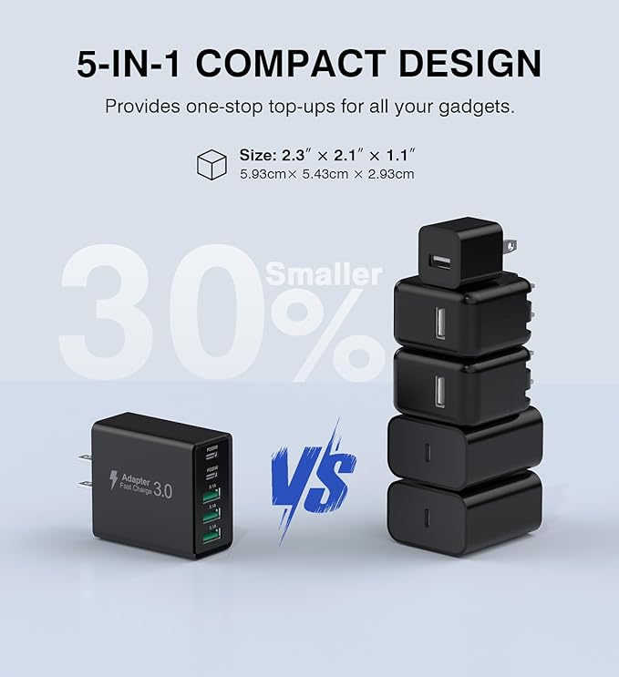 [2-Pack] USB C Wall Charger, 50W USB C Charger Block 5-Port PD Fast Charging Blocks + QC Power Adapter Brick Cube Multiport USB A Plug,Type C Cube for iPhone 17/16/15/14/13/12/Pro,Samsung,for Switch