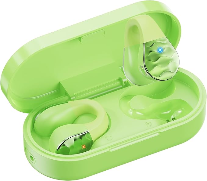 aigo Open Ear Earbuds, Wireless Bluetooth Earphone, Clip on Headphones, Over The Ear Earbuds for Fitness Running Gym Workouts, Built-in Mic, Wireless Charging, Volt Yellow Headset