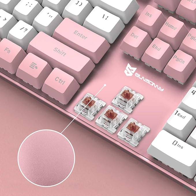 Merdia 104 Keys Full Size Mechanical Keyboard | Brown Switch, Pink & White Color 104 Keys US Layout Led Backlit Hot Swappable Wired Mechanical Light Up Pink Keyboard | Wired Gaming Computer Keyboards