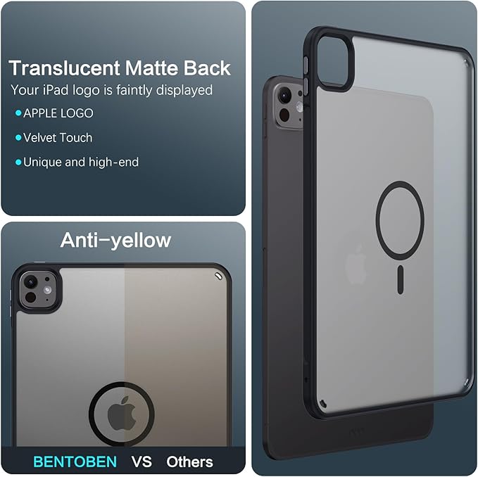 BENTOBEN Magnetic for iPad Pro 11 Inch Case (M5/M4) 2025/2024, Translucent Matte Back Slim Soft TPU Bumper Lightweight Shockproof Protective Women Girls Boys Tablet Case Cover, Black