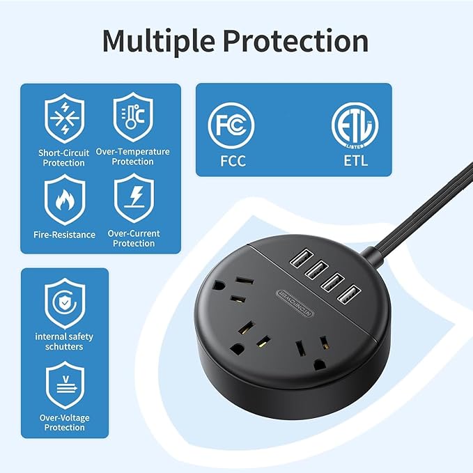 Flat Extension Cord 10 ft, NTONPOWER Ultra Thin Flat Plug Power Strip with 4 USB Ports & 3 Outlets, Wall Mountable, Desktop Power Strip, Compact for Home Office, Travel, Dorm Room Essentials, Black
