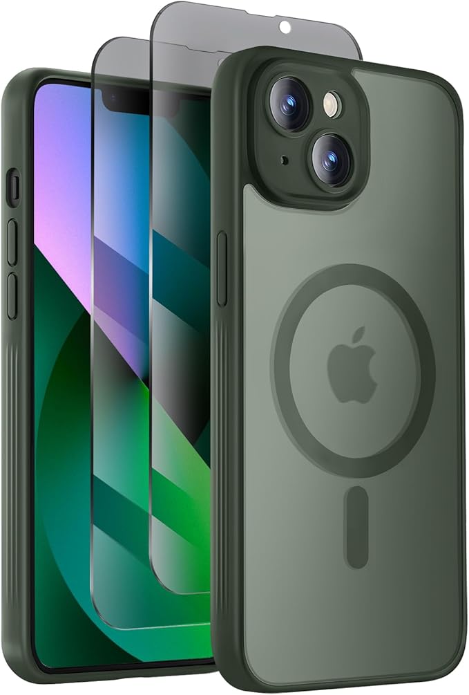 Symcele Designed for iPhone 13 Case, Compatible with MagSafe, with Privacy Screen Protectors X2, [Camera Protection] [15FT Military Drop Protection] Shockproof Phone Case, 6.1", Alpine Green