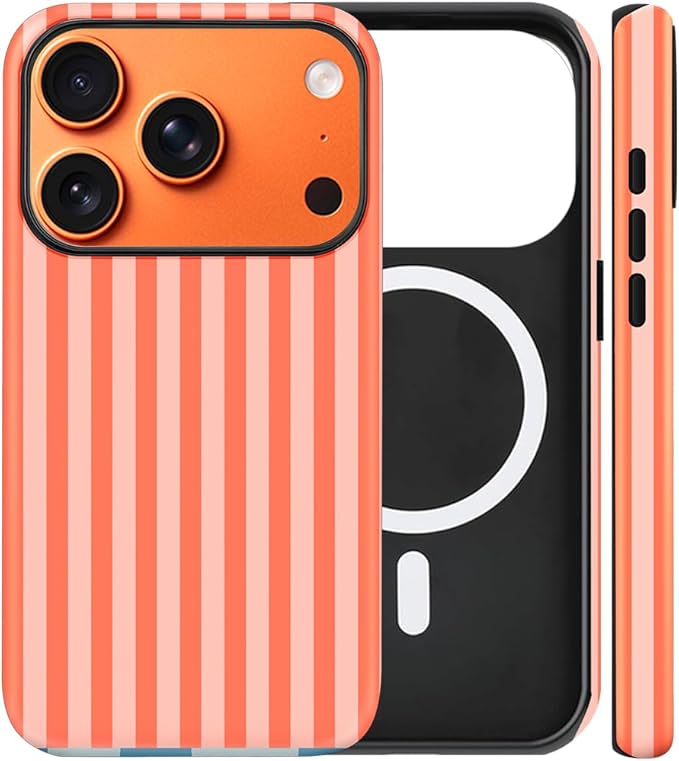 Magnetic for iPhone 17 Pro Max Case Cute Stripes Phone Case, Shockproof Slim TPU and Hard PC Protective Phone Cover Compatible with MagSafe Designed for Women Girls, Deep Orange