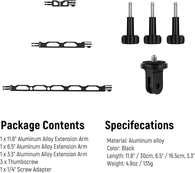 NEEWER Aluminum Alloy Extension Arm Set (11.8"/6.5"/3.3") for Action Camera with 3 Thumbscrews and 1/4" Screw Adapter Compatible with GoPro Hero 13 12 11 10 9 8 DJI Osmo Action 5 Pro Insta360, GP-11