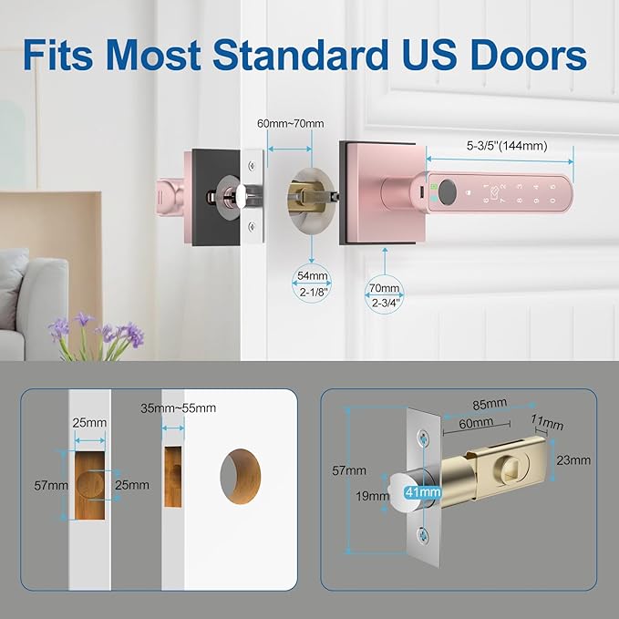 BIWIBON Fingerprint Door Lock, 5 in 1 Finger Print Door Knob with Smart APP/Fingerprint/IC Cards/Password/Backup Keys, Smart Door Knob with Keypad for Bedroom, Office, Apartment, Rose Gold