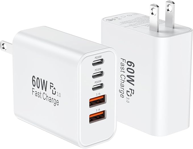 USB C Charger Block, 60W 5 Ports Type C Fast Charging Blocks 3 USB-C+2 USB-A Multi Port USBC Wall Plug Power Brick Phone Charge Cube Box for iPhone 16/15/14/13/12/11 Pro Max, Pad, Galaxy, Pixel, 2Pack