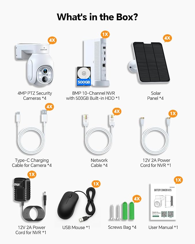 Solar Security Cameras Wireless Outdoor,2K Solar Cameras for Home Security, Wireless Security Camera System with 360° Pan & Tilt, Color Night Vision, 500GB HDD NVR, No Subscription, 2.4G & 5G WiFi