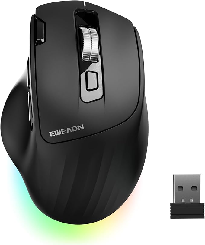EWEADN C2 Ergonomic Wireless Mouse, 2.4G & Bluetooth Mouse for Laptop, Silent Click Dul-Mode Rechargeable Computer Mouse, 5 DPI Levels Optical Mice with RGB for Laptop, PC, Mac, Windows - White