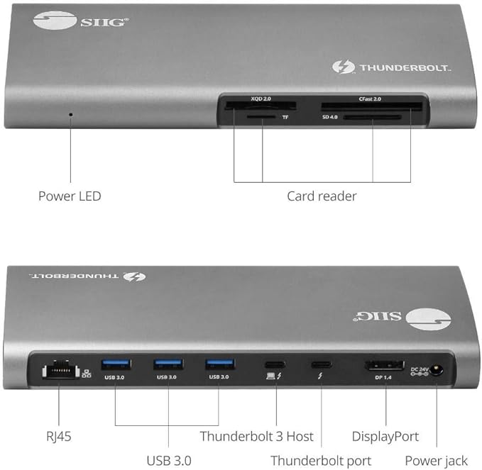SIIG 8K Thunderbolt 3 Dock with 40 Gbps, 60W Charging, Single 8K or Dual 4K@60Hz for DisplayPort for Windows and Mac, XQD/SD/CFast/TF Card Reader, DP 1.4, Includes 2.3ft TB3 Cable (JU-DK0G11-S1)