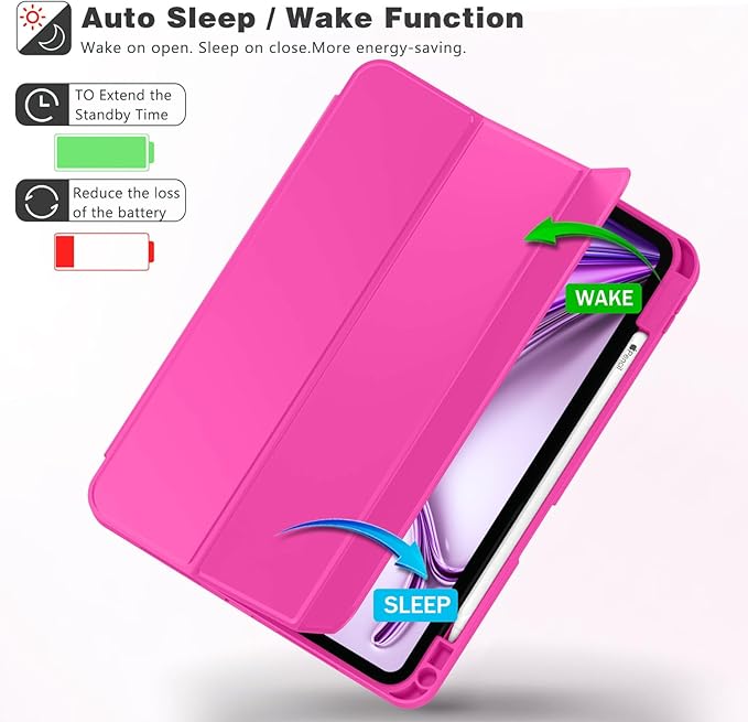 ZryXal New iPad Air 13 Inch Case M3 2025/M2 2024 with Pencil Holder, Trifold Stand Smart Case with Soft TPU Back,Auto Wake/Sleep(Rose Red)