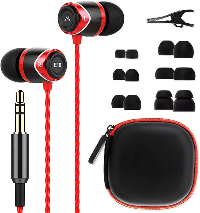 SoundMAGIC E10 Wired Earphones No Microphone HiFi Stereo Earbuds Noise Isolating in Ear Headphones Powerful Bass Tangle Free Cord Black Red