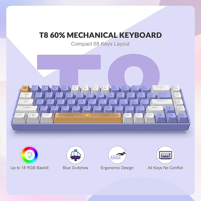 ZIYOU LANG RK-T8 Wired 65% Mechanical Gaming Keyboard with RGB LED Backlit Anti-ghosting TKL Mini 68 Key Custom Coiled C to A Cable Tactile Blue Switch for PS4 PS5 Xbox PC Mac Gamer(White Purple)