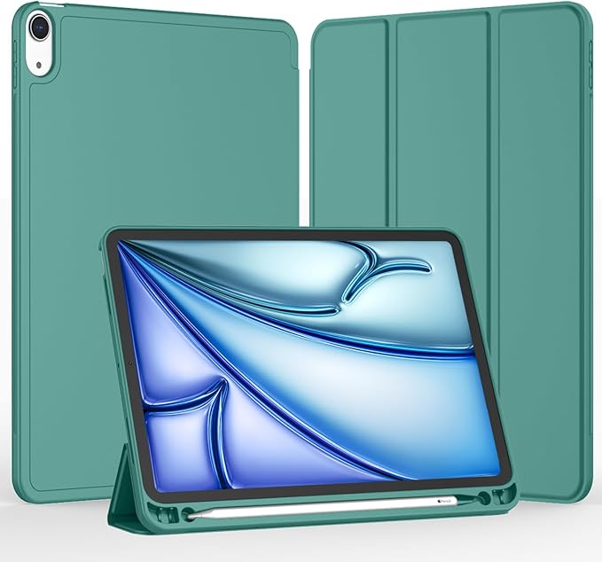 iMieet iPad Air 11 Inch Case M4/M3/M2(2026/2025/2024), iPad Air 5th/4th Generation Case 2022/2020 10.9 Inch with Pencil Holder,Trifold Stand Smart Case with Soft TPU Back(Forest Green)