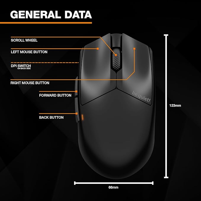be quiet! Dark Perk Sym PC Gaming Mouse, 55g Lightweight, Ultra-Long Wireless Battery Life, 8,000Hz Polling Rate, PixArt PAW3950 Sensor, 32,000 DPI, Optical 70m switches, 100% PTFE Glide Skates