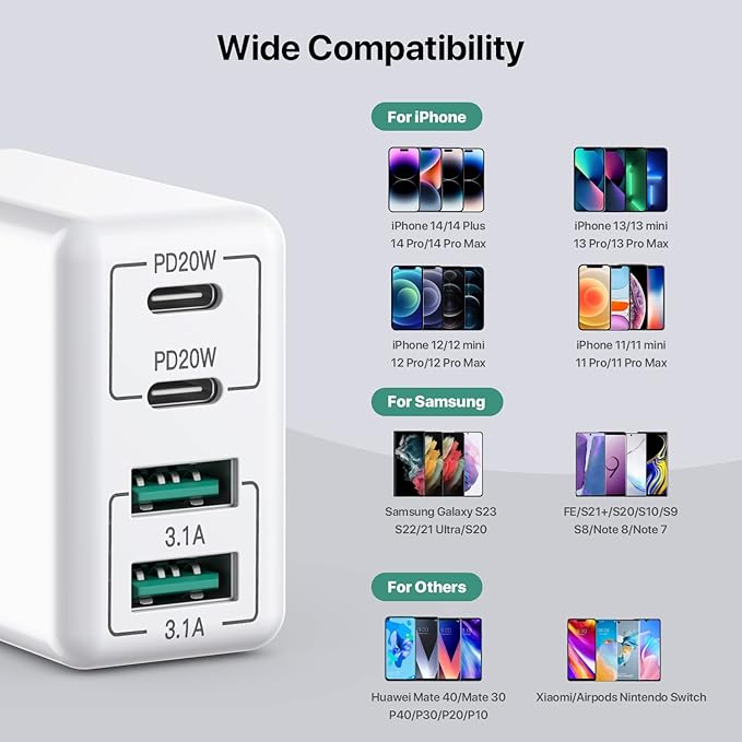 [2 Pack] USB C Wall Charger, 40W 4-Port USB C Charger Block,Fast Charging Block Dual Port PD+QC Wall Plug Multiport Type C Compatible with iPhone 14/13/12/11/Pro Max/XS/XR/8, Samsung Phone,Tablet