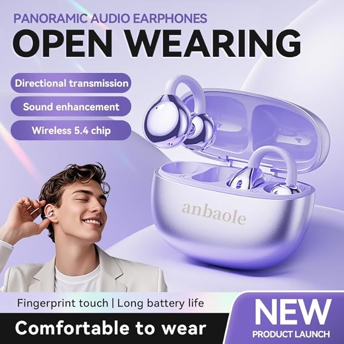 Open Ear Headphones, Wireless Earbuds for Sports Running Gym, 24H Battery, Sweat Proof, BT5.4, Noise Cancelling Mic, Wireless Charging Case for iOS Android (Style 1:Purple)