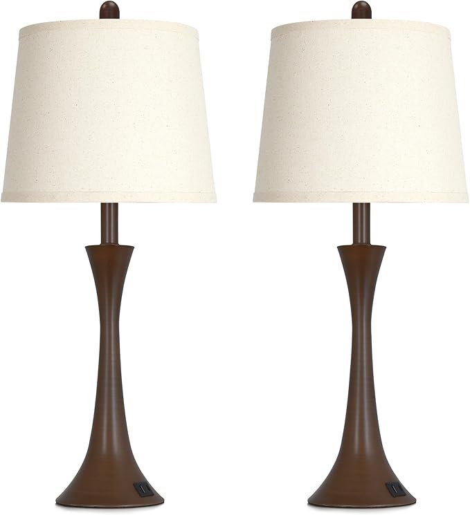 Rinweey 27.5" Table Lamps Set of 2, Touch Bedside Lamps with USB C+A Ports, 3 Way Dimmable Nightstand Lamps for Bedroom, Living Room, Office, Brown Lamp with Beige Lampshade, Bulbs Included